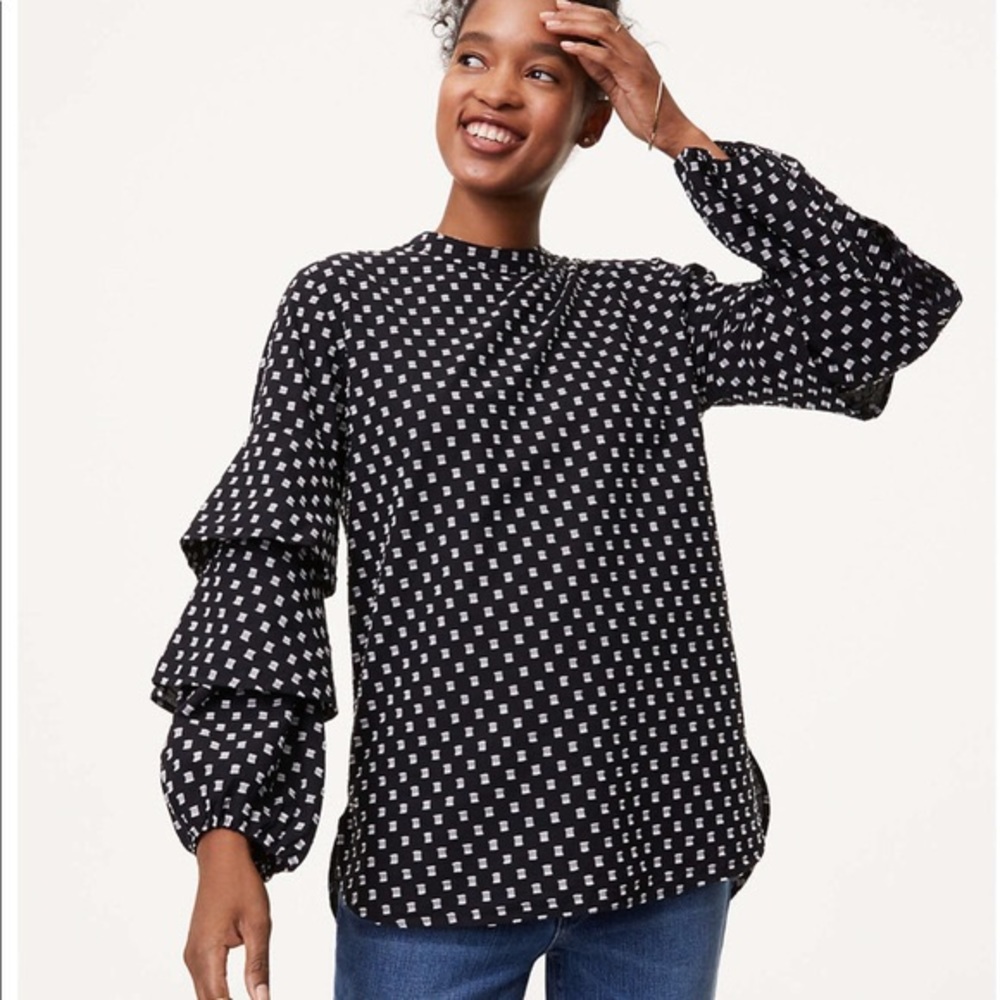 LOFT Geo Tiered Ruffle Sleeve Top with Button Back